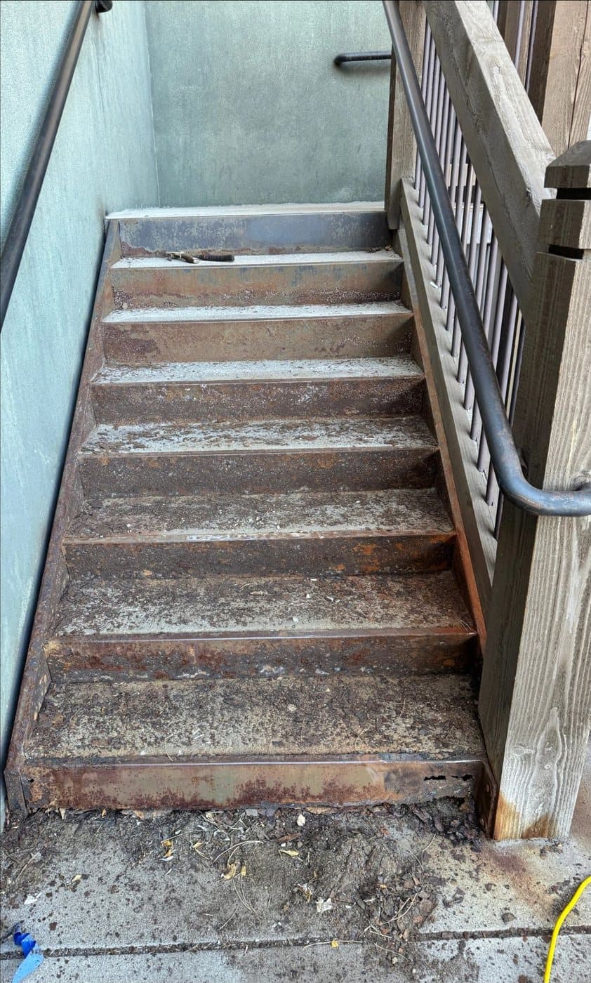 Before: Exterior steel stairs with heavy rust, then rebuilt and painted